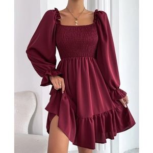 Shirred square neck ruffle hem dress